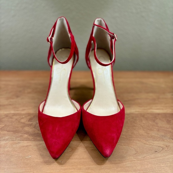 Jessica Simpson Red Suede Stiletto Ankle Strap, Pointed Heels, Womens size 9.5 - Picture 2 of 14
